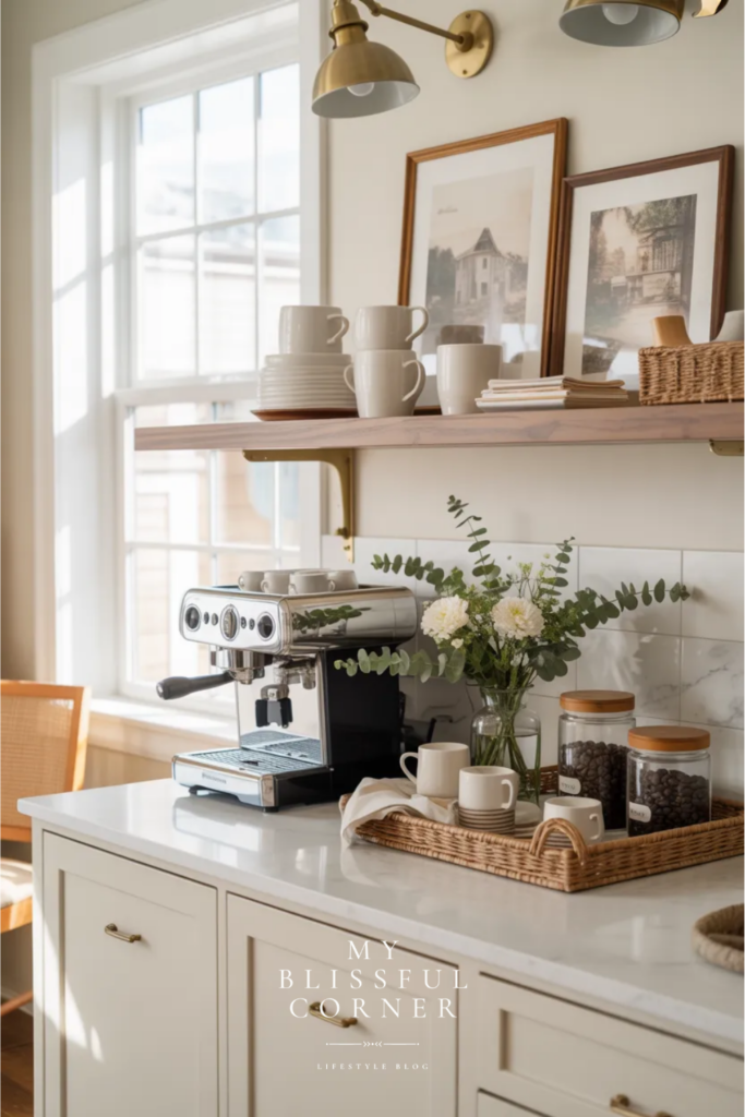coffee bar ideas with espresso machine on kitchen counter, wooden shelves, mugs and coffee station decor