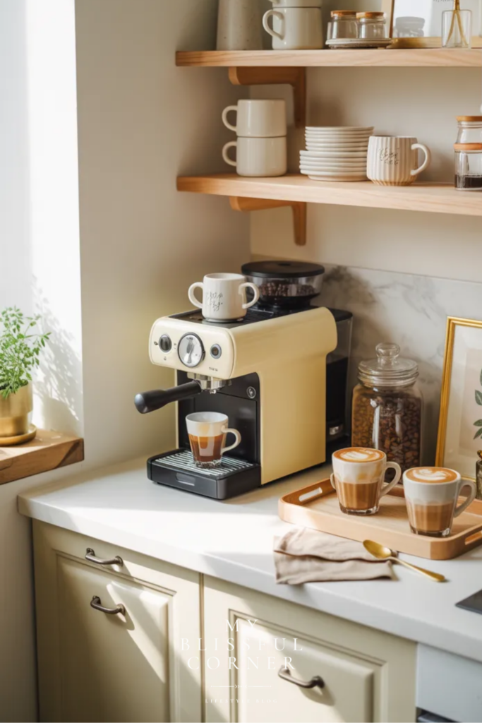 small coffee bar ideas for tiny kitchen with espresso machine, floating shelves and mugs