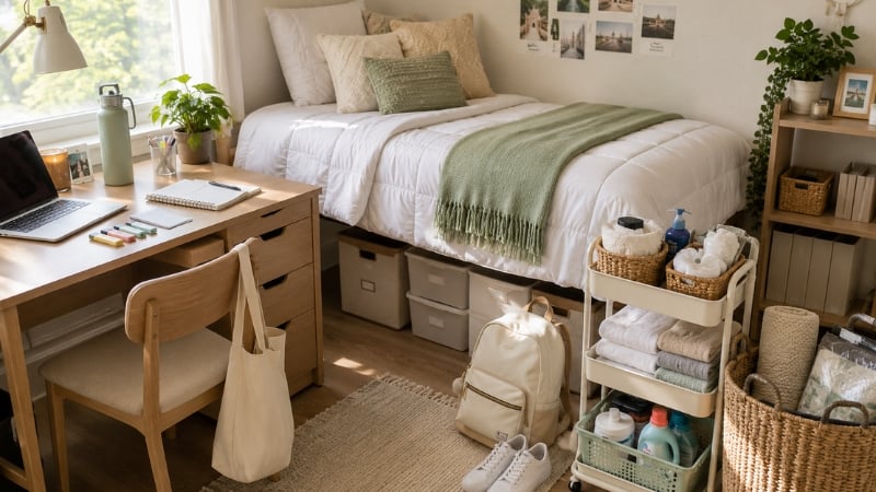 Bright, organized college dorm room featuring a Twin XL bed with white bedding and a sage green throw blanket, a light wood desk with a laptop and study supplies, woven storage baskets, a rolling cart stocked with towels and dorm essentials, under-bed storage bins, a backpack, white sneakers, and indoor plants, all styled in a warm, neutral aesthetic with natural sunlight.