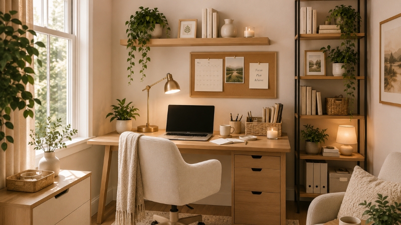 Cozy neutral home office decor with wooden desk, floating shelves, indoor plants, warm lighting, woven storage baskets, and organized workspace decor in a bright aesthetic interior.