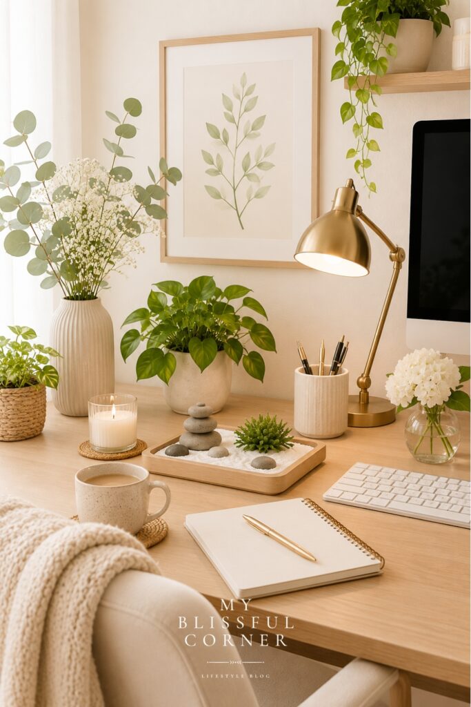 Tranquil home office setup with soft neutral decor, indoor plants, candles, a mini Zen garden, warm lighting, and calming natural elements creating a peaceful workspace atmosphere.