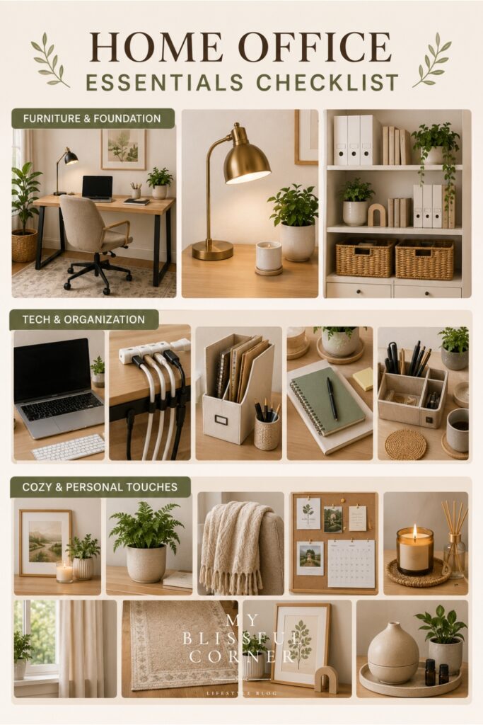 Home office essentials checklist featuring cozy workspace inspiration with desk setup ideas, office storage, tech organization, plants, lighting, wall decor, and neutral home office accessories.