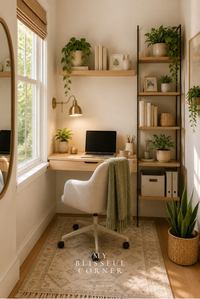 Small home office with floating shelves, neutral decor, indoor plants, slim storage shelving, soft lighting, and a cozy workspace designed for a small space.