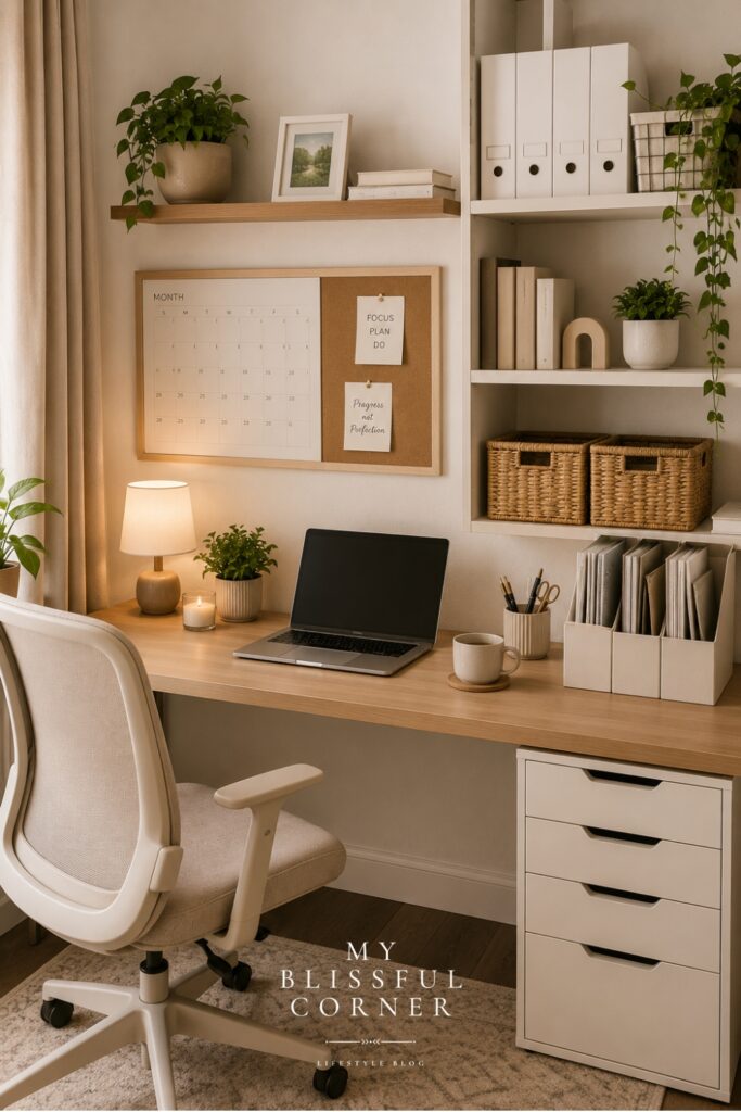 Organized home office with neutral decor, storage shelves, file organizers, floating shelves, indoor plants, and a clutter-free desk setup designed for a cozy and productive workspace.