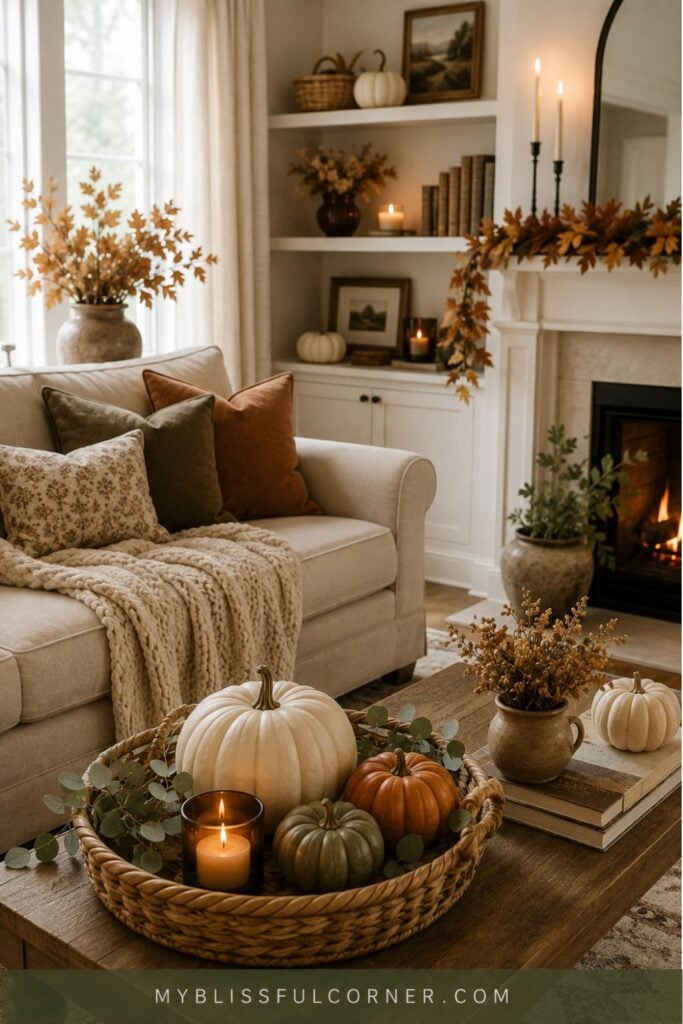 Cozy fall living room decor with neutral pumpkins, autumn pillows, chunky knit blankets, candles, and seasonal foliage.