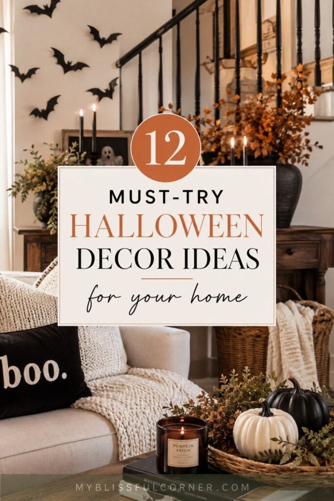 Cozy Halloween living room decorated with black and white pumpkins, candles, fall foliage, flying bats, warm neutral textures, and a rustic console table.