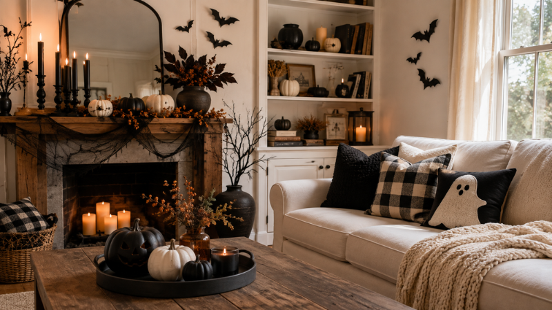 Cozy Halloween living room decorated with black and white pumpkins, glowing candles, flying bats, fall foliage, a rustic fireplace mantel, and neutral seasonal accents.