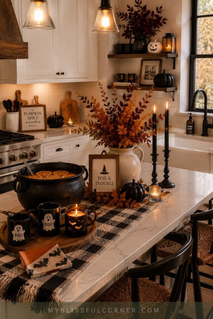 Halloween kitchen decor with black candles, pumpkins, spooky mugs, fall branches, and a cauldron styled on a neutral kitchen island.