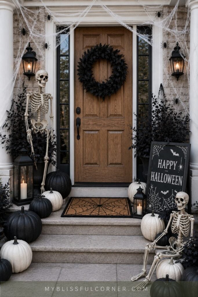 Halloween front porch with a natural wood door, black leaf wreath, spiderwebs, skeletons, black and white pumpkins, lanterns, and a Halloween sign.