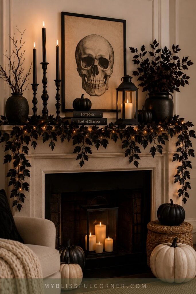 Halloween fireplace mantel decorated with black candles, a vintage skull print, black leaf garland, pumpkins, lanterns, and neutral seasonal decor.