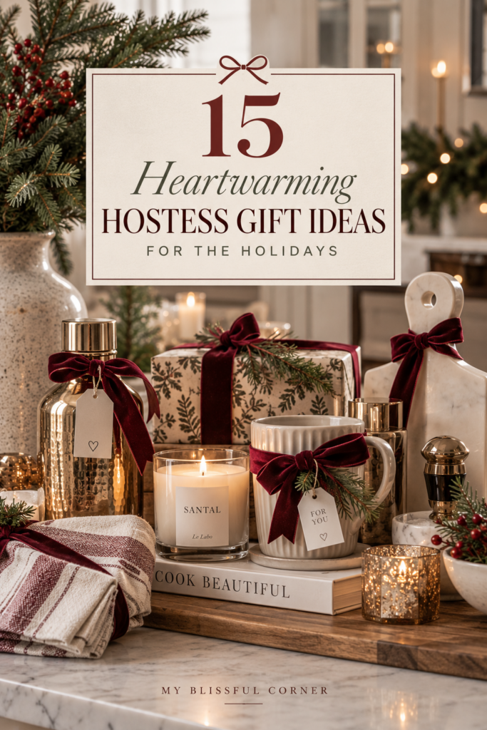 15 heartwarming hostess gift ideas for the holidays featuring elegant gifts, candles, serving pieces, burgundy ribbon, and festive greenery