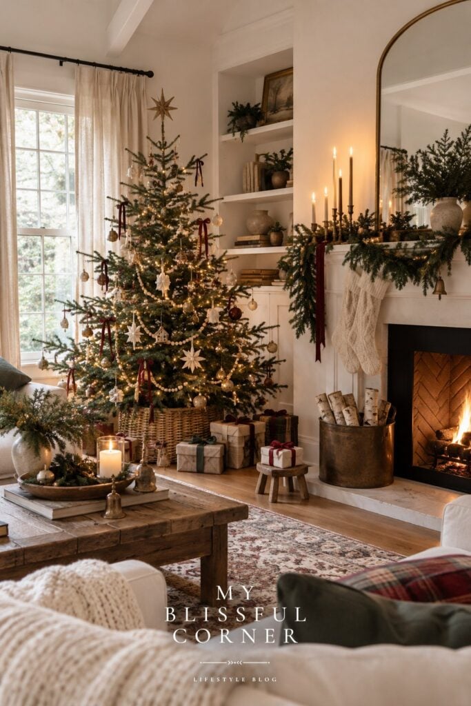 Christmas decor ideas: cozy living room with a Christmas tree, burgundy ribbons, and a garland mantel