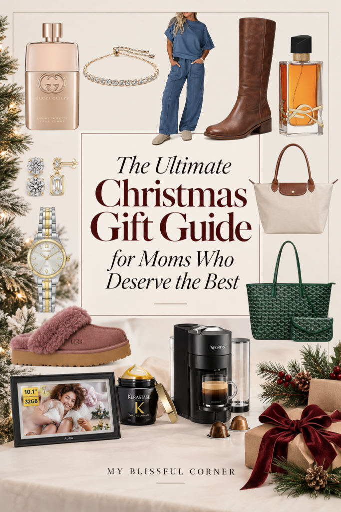 Christmas gift ideas for mom featuring perfume, jewelry, cozy slippers, handbags, a digital photo frame and coffee maker