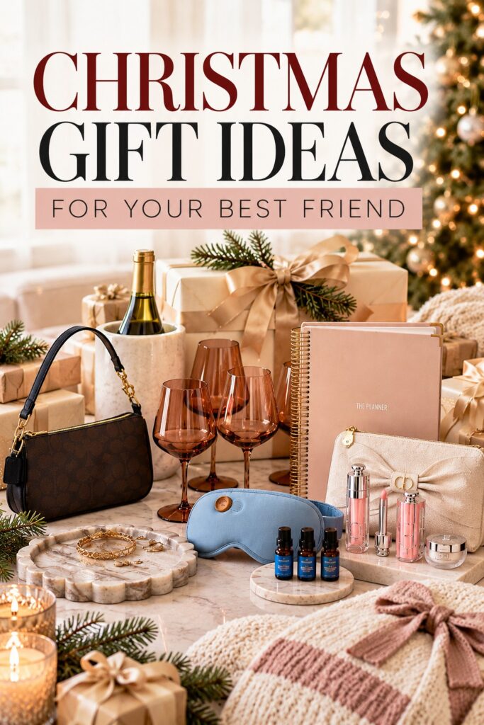 Christmas gift ideas for your best friend in a cozy holiday flat lay