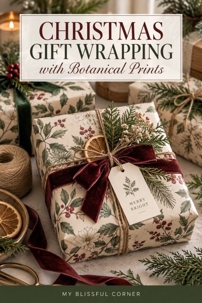 Christmas gift wrapping with botanical print paper, burgundy velvet ribbon, twine, evergreen sprigs, dried orange, and a botanical gift tag.