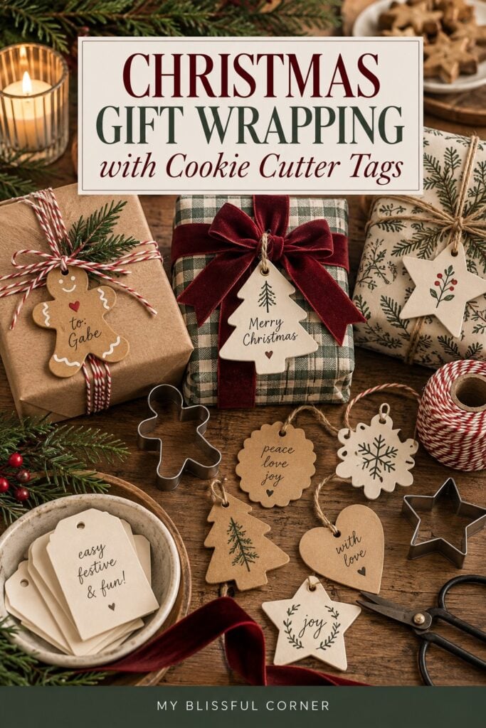 DIY Christmas gift tags made with cookie cutter shapes including Christmas trees, stars, snowflakes, and gingerbread men displayed with wrapped holiday gifts.