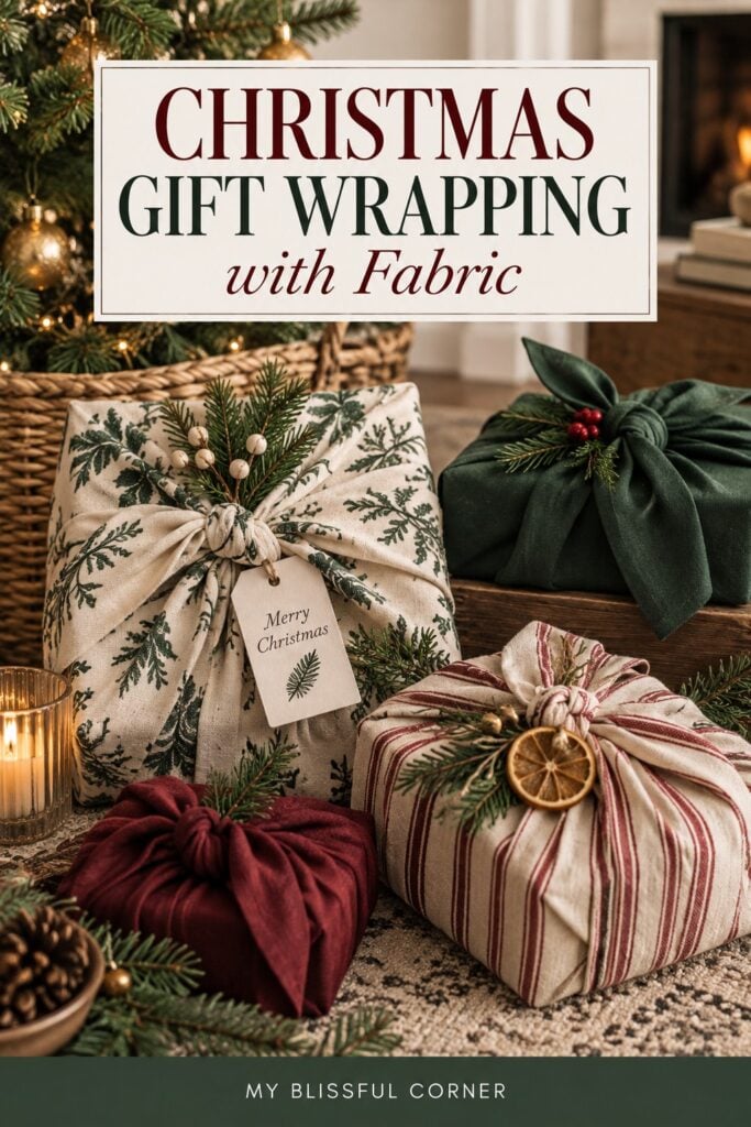 Christmas gifts wrapped in reusable green, burgundy, and patterned fabric with knotted fabric bows, greenery, berries, and dried orange.