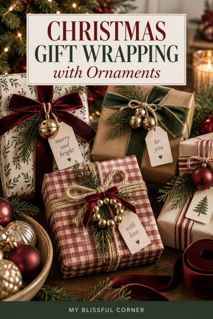 Christmas gift wrapping ideas featuring ornaments used as gift toppers with velvet ribbon, twine, evergreen sprigs, bells, and festive wrapping paper