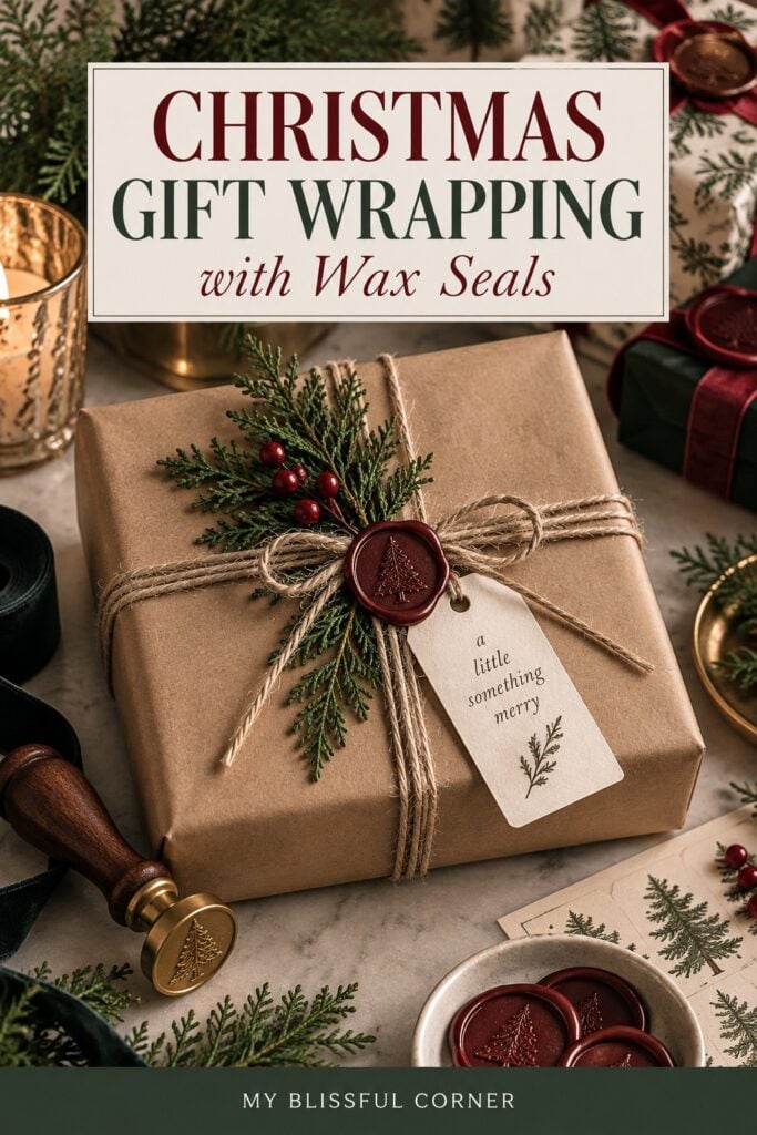 Christmas gift wrapped in kraft paper with twine, evergreen greenery, red berries, and a burgundy Christmas tree wax seal