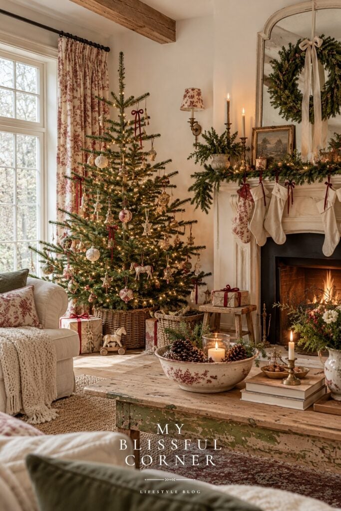 Country cottage Christmas decor with red toile accents and a vintage-style tree