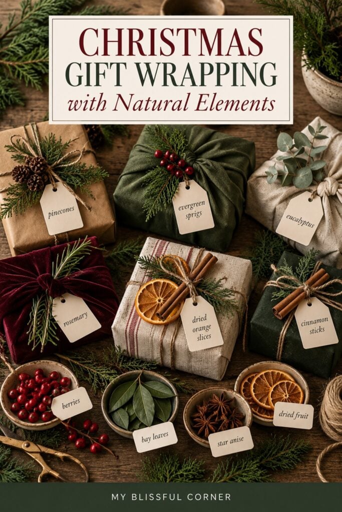 Christmas gift wrapping ideas using natural elements including pinecones, evergreen sprigs, eucalyptus, rosemary, dried orange slices, cinnamon sticks, berries, bay leaves, and star anise