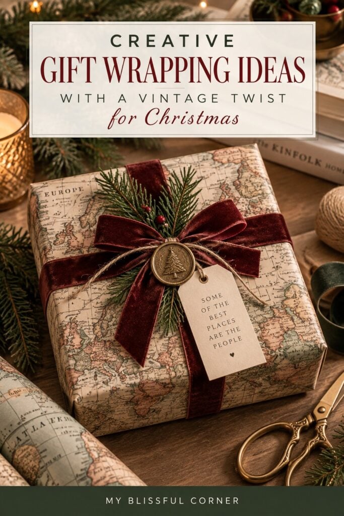 Creative Christmas gift wrapping idea using a vintage map, burgundy velvet ribbon, evergreen sprigs, twine, and a decorative seal.