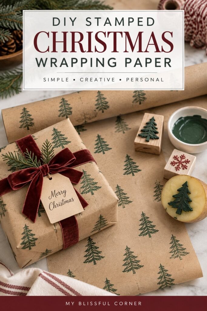 DIY Christmas wrapping paper made with kraft paper and stamped evergreen trees, styled with burgundy velvet ribbon and Christmas greenery.