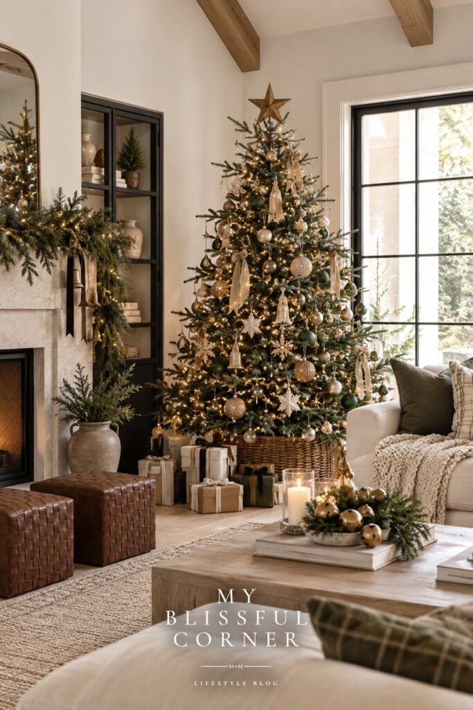 Elegant Christmas decor with a gold and green tree and a stone fireplace