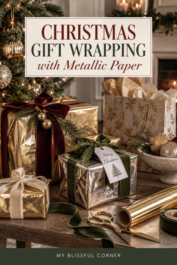 Elegant Christmas gift wrapping with gold and silver metallic paper, burgundy and green velvet ribbon, greenery, ornaments, and gift tags