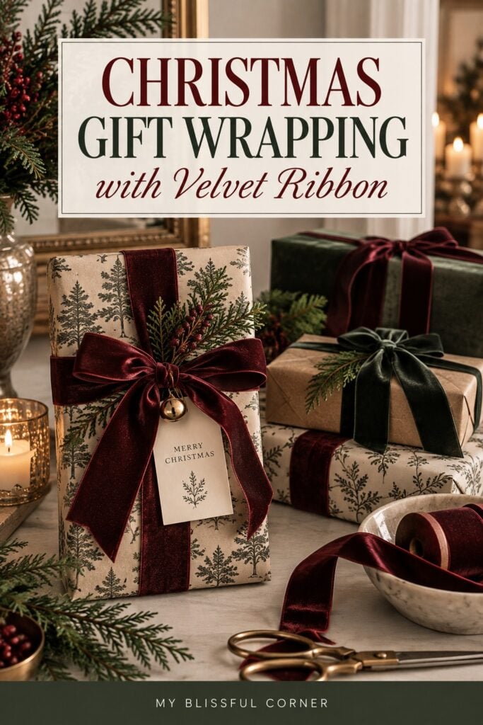 Elegant Christmas gift wrapping with botanical paper, burgundy and green velvet ribbon, evergreen sprigs, berries, and gift tags