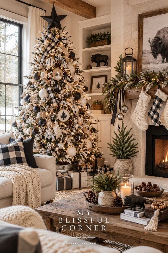 Modern farmhouse Christmas decor with a buffalo check tree and rustic wood accents