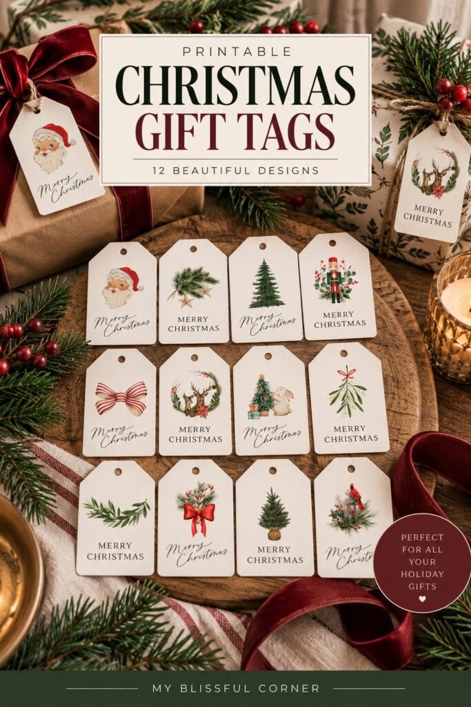 Set of 12 free printable Christmas gift tags featuring Santa, Christmas trees, nutcracker, bows, deer, mistletoe, greenery, candy canes, and a cardinal.