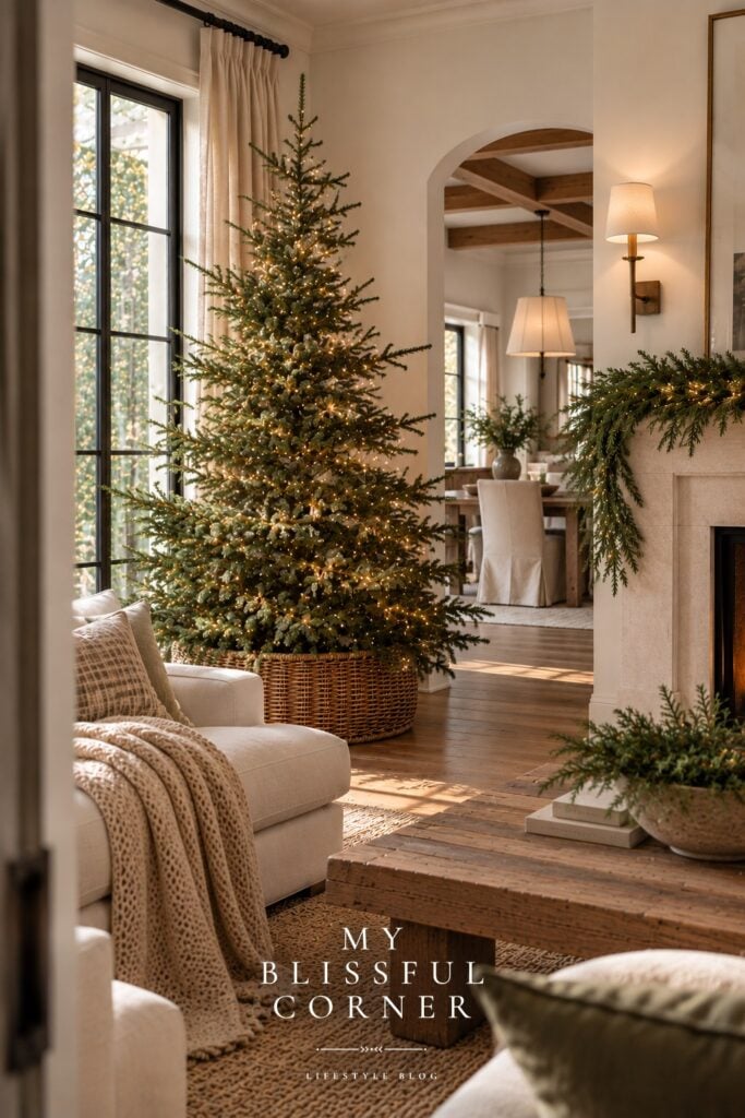 Minimalist Christmas decor with a simply lit tree in a woven basket