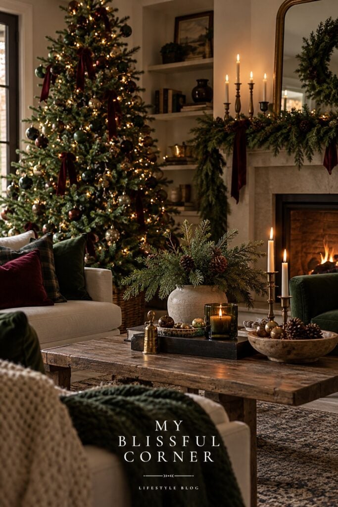Moody Christmas decor with burgundy velvet ribbons, deep green ornaments, brass candlesticks, and a glowing fireplace