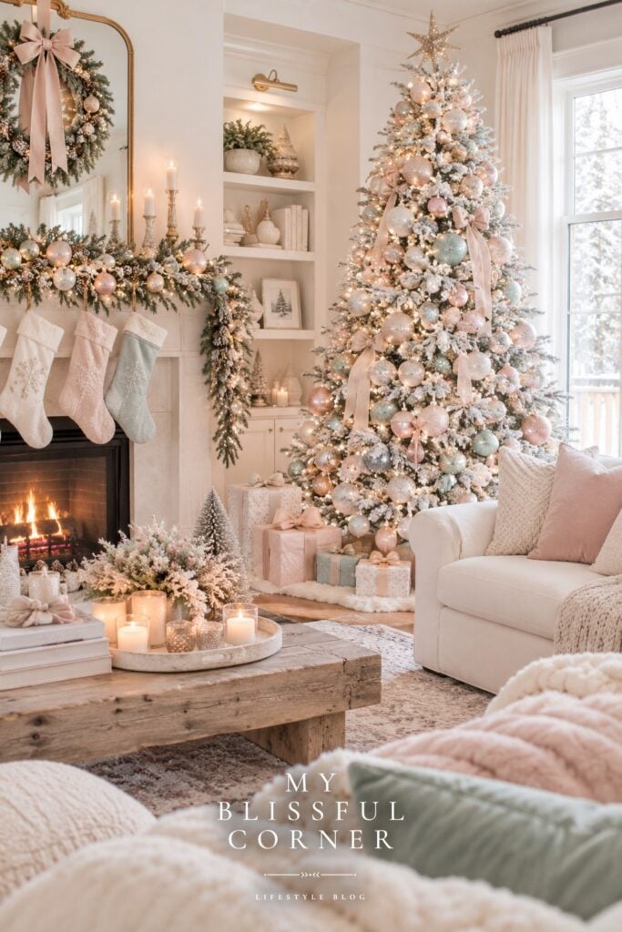 Pastel Christmas decor with blush and mint ornaments on a flocked tree