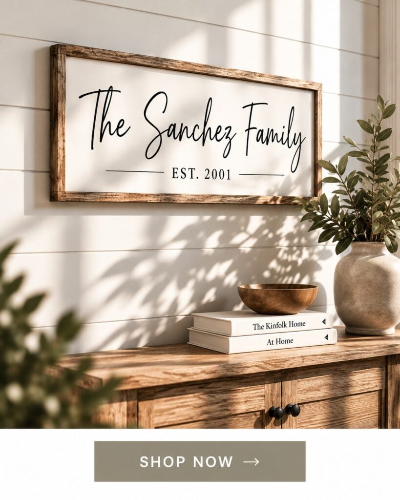 Personalized wooden family name sign displayed above a warm wood console table