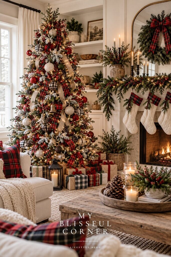 Plaid Christmas decor with tartan ribbons, stockings, and pillows