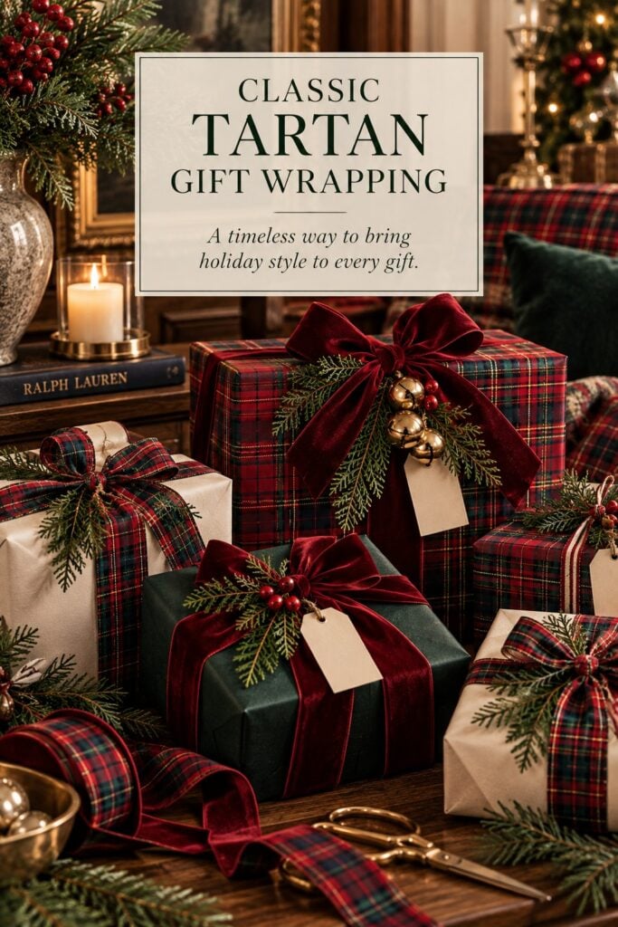 Ralph Lauren inspired Christmas gift wrapping featuring red and green tartan, cream and forest green paper, burgundy velvet ribbon, plaid ribbon, evergreen sprigs, berries, and brass bells.