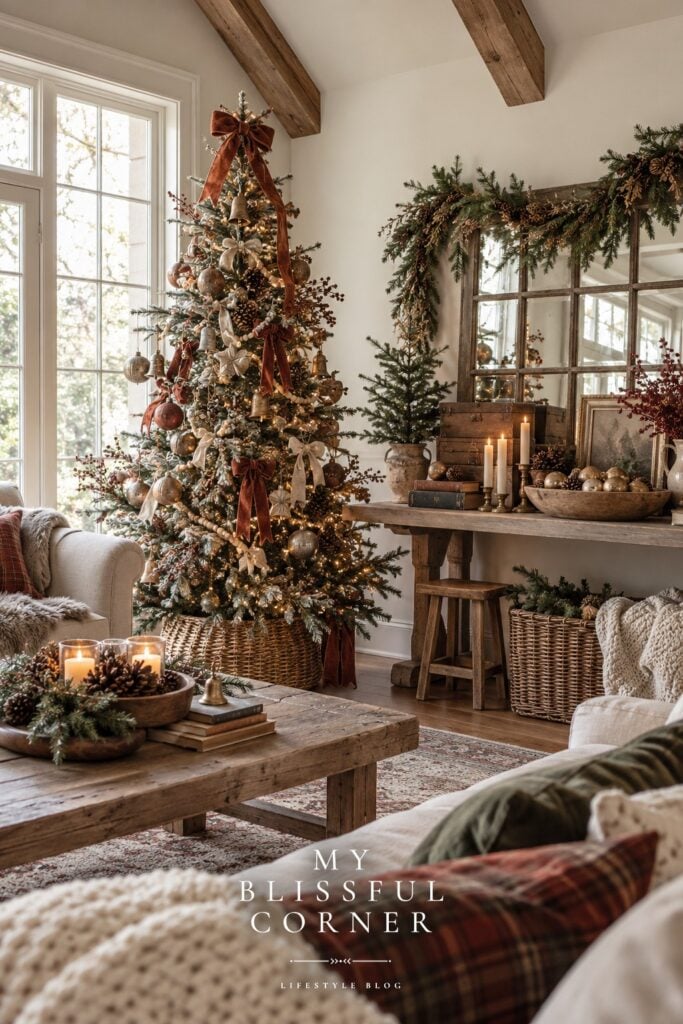 Rustic Christmas decor with rust velvet bows, brass bells, and a wood console