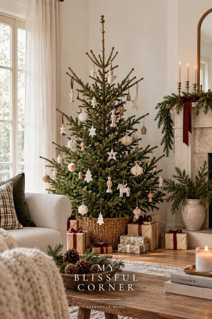 Scandinavian Christmas decor with white paper and wooden ornaments on a natural tree