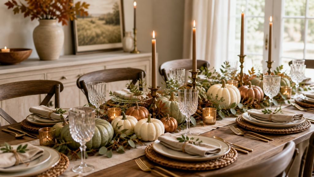 Elegant Thanksgiving table decor with layered neutral place settings, woven chargers, linen napkins, pumpkins, greenery, candles, and warm autumn accents.