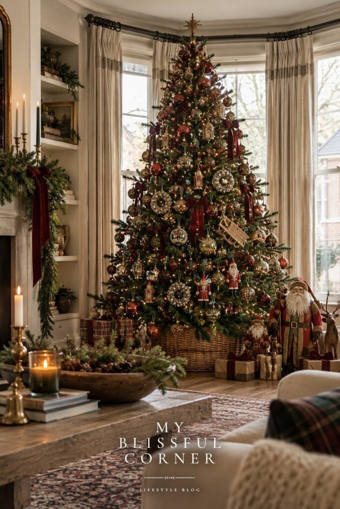 Vintage Christmas decor ideas: tree with antique ornaments, velvet bows, and Santa figurines