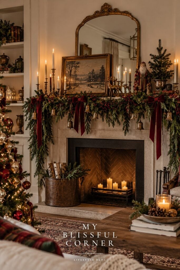 Vintage Christmas mantel decor with velvet bows, brass bells, candlesticks, and an antique mirror