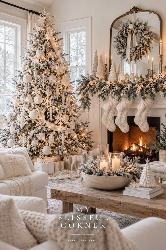 Winter wonderland Christmas decor with an all-white flocked tree and knit stockings