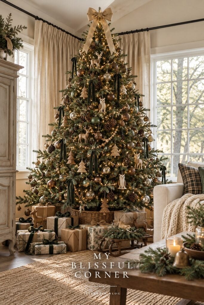 Woodland Christmas tree with deer and owl ornaments, wood bead garland, and green velvet ribbons