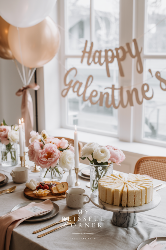 Galentine’s party decor with a pink and white brunch tablescape, heart shaped cake on a stand, floral centerpieces, candles, balloons, and a “Happy Galentine’s” banner, elegant Galentine’s brunch ideas and party inspiration.