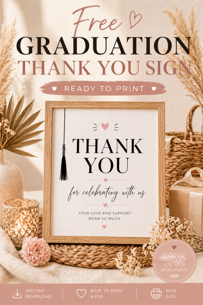 Free graduation thank you sign printable in wood frame on blush gift table with flowers, candle and ribbon decor.