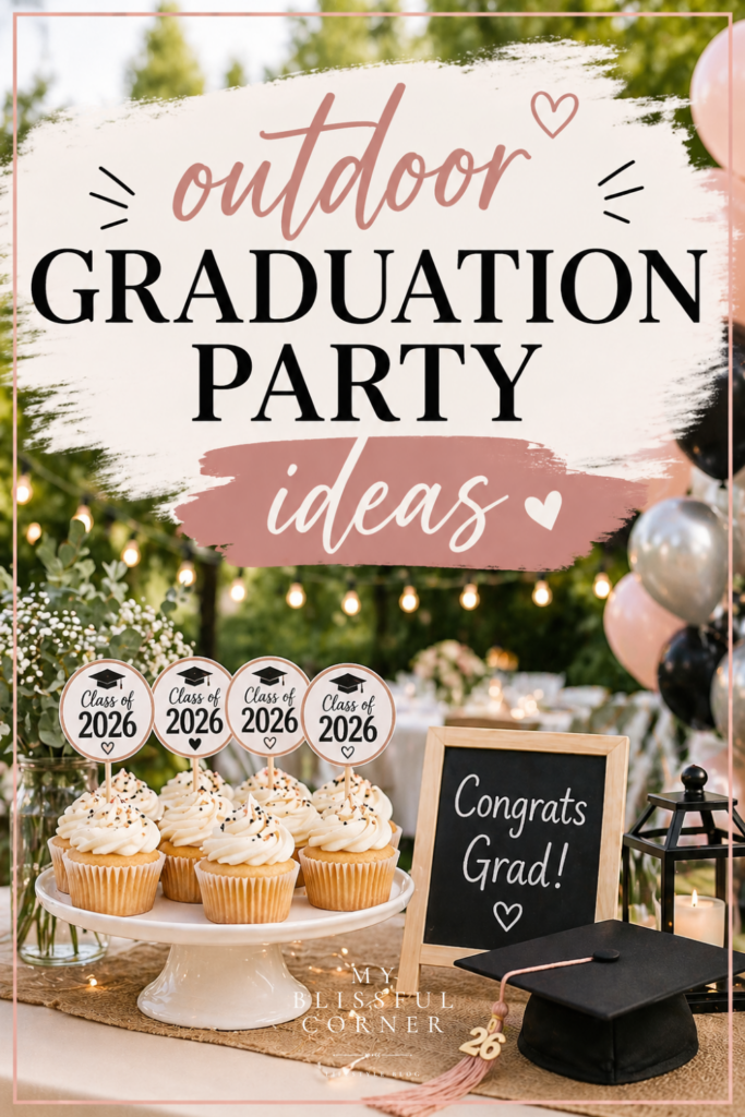 Outdoor graduation party ideas with Class of 2026 cupcakes, dessert table, balloons and backyard celebration decor.
