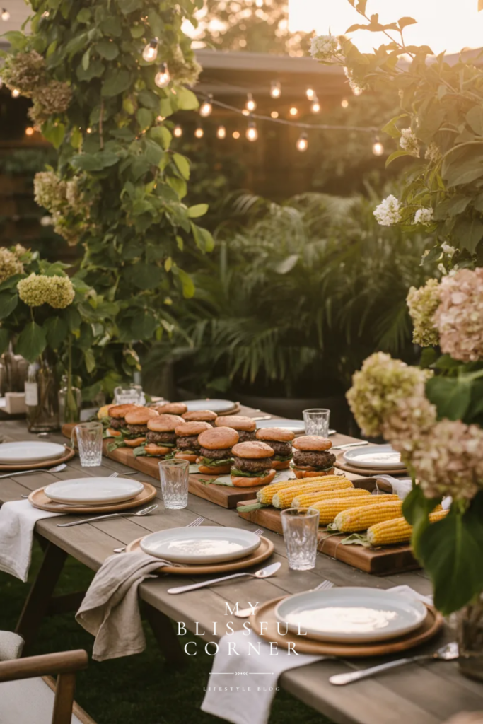 backyard graduation party barbecue with grilled burgers and party food on an outdoor table