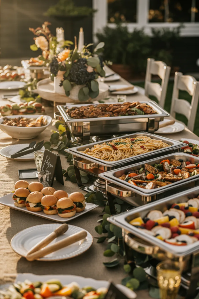 outdoor graduation party buffet table with sandwiches salads and party dishes